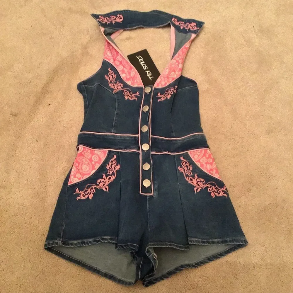 NWT Sugar Thrillz Rodeo Rendezvous Denim Romper - Picture 2 of 4